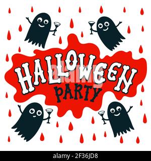 Halloween Party Text Banner. Handschriftliche Briefe von Knochen auf Blutfleck. Happy Halloween Inschrift auf weißem Hintergrund mit roten Blutstropfen Stock Vektor