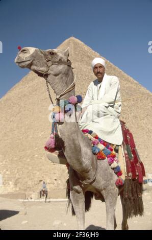 Kairo Ägypten Ägyptische Gizeh Bezirk große Pyramide von Kheops, erbaut 2600 v. Chr. Sieben Weltwunder, muslimischer Mann Kamelreiter bietet Ausritte, Stockfoto