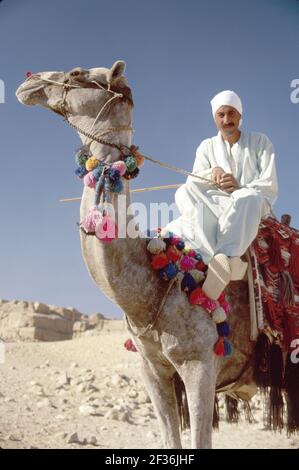 Kairo Ägypten Ägyptische Gizeh Bezirk große Pyramide von Kheops, erbaut 2600 v. Chr. Sieben Weltwunder, muslimischer Mann Kamelreiter bietet Ausritte, Stockfoto