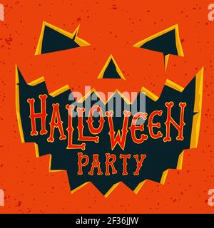 Halloween Party Einladungskarte. Halloween Kürbis mit geschnitztem Gesicht und Text Halloween-Party. Halloween Flyer mit Text auf einer Grunge Textur. Zeichentrickfilm V Stock Vektor