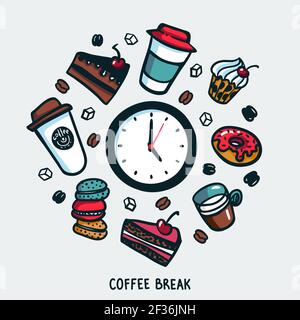 Kaffeepause-Konzept. Zeit für eine Kaffeepause. Bunte Doodle Stil Cartoon Satz von Objekten und Symbolen auf Kaffee Zeit Thema. Kaffeetassen und Süßigkeiten o Stock Vektor