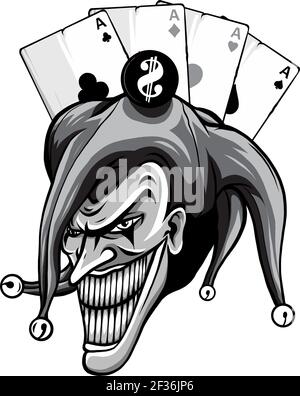 Monochromatischer Joker. Wütend Narr in der Kappe. tattoo Illustration Stock Vektor