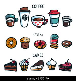 Kaffeeset. Bunte Doodle Stil Satz von Objekten auf Kaffee Thema. Kaffeetassen, Gebäck und Kuchen auf weißem Hintergrund. Ausgezeichnet für Menüdesign und Cafe Stock Vektor