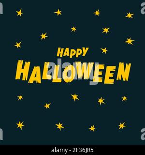 Happy Halloween Text Banner. Cartoon Happy Halloween Text und Sterne auf dunklem Hintergrund. Cartoon Vektorgrafik. Stock Vektor