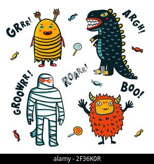 Halloween Monster Kostüme auf weißem Hintergrund. Cartoon Vektorgrafik Stock Vektor