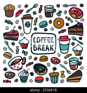 Kaffeepause-Konzept. Zeit für eine Kaffeepause. Bunte Doodle Stil Cartoon Satz von Objekten und Symbolen auf Kaffee Zeit Thema. Kaffeetassen und Süßigkeiten Stock Vektor
