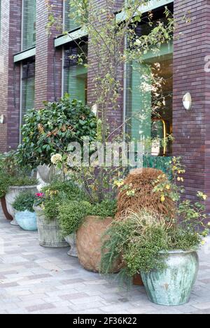 Pflanzgefäße und Grünpflanzen auf einem Londoner Mäher Stockfoto
