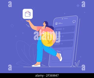 Junge Frau hält eine große goldene Bitcoin und zeigt auf Mobiles Krypto-Portemonnaie Stock Vektor