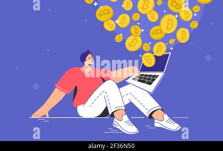Junger Mann, der allein sitzt und Bitcoins kauft oder verkauft Notebook Stock Vektor