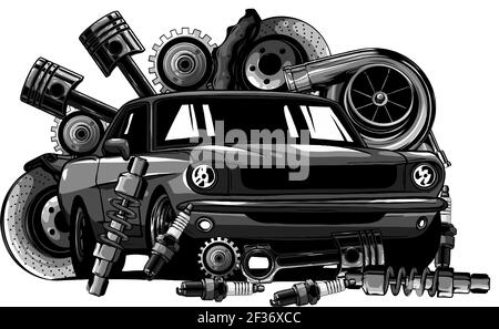Monochromatisch Vintage Auto Komponenten Sammlung mit Automobil Motor Motorkolben Lenkradreifen Scheinwerfer Tachometer Getriebe Stoßdämpfer Stock Vektor