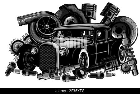 Monochromatisch Vintage Auto Komponenten Sammlung mit Automobil Motor Motorkolben Lenkradreifen Scheinwerfer Tachometer Getriebe Stoßdämpfer Stock Vektor