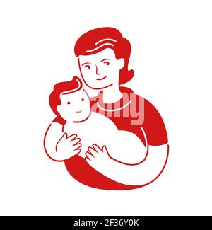 Mutter liebend umarmt kleines Baby. Muttertag, Mutterschaft Symbol oder Logo Stock Vektor