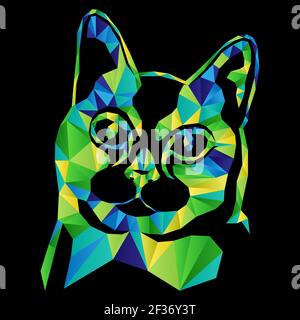 Mosaik der ernsthaften Katze in grünen, blauen und gelben Farbtönen isoliert auf dem schwarzen Hintergrund, Dekoration auf Glas Stock Vektor