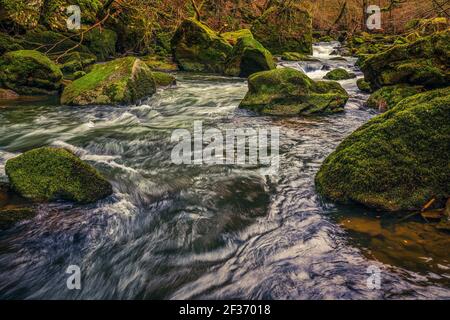 Die Stromschnellen im Unterlauf des Prüm bei Irrel in der Eifel. Die Irrel Wasserfälle der Prüm. Stockfoto