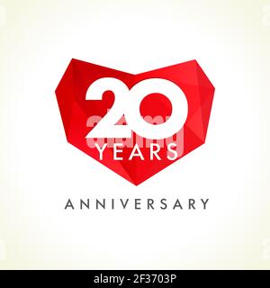 Jubiläum 20 Jahre alte Herzen feiern Vektor-Logo. Geburtstagsgrüße mit Buntglas Herzform. Urlaub abstrakt schön gebeizt Karte mit Stock Vektor