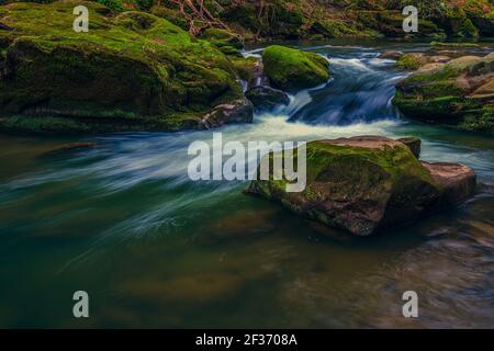 Die Stromschnellen im Unterlauf des Prüm bei Irrel in der Eifel. Die Irrel Wasserfälle der Prüm. Stockfoto