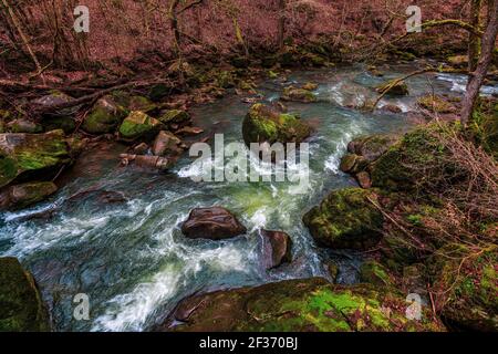 Die Irrel Wasserfälle der Prüm. Die Stromschnellen im Unterlauf des Prüm bei Irrel in der Eifel. Stockfoto