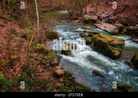 Die Irrel Wasserfälle der Prüm. Die Stromschnellen im Unterlauf des Prüm bei Irrel in der Eifel. Stockfoto