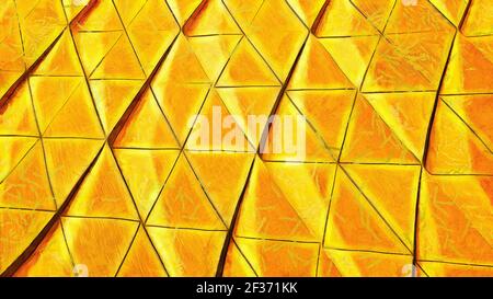 Gelbe Dreiecke im minimalistischen Stil. Ein chaotisches architektonisches Exemplar. Abstrakter geometrischer Hintergrund Stockfoto