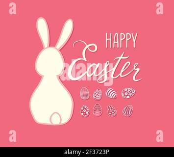 Frohe Ostern Grußkarte. Frühling Urlaub Background mit Kaninchen Hase und handschriftliche Beschriftung HAPPY EASTER über Linie gezeichnet Ostern Ikonen Eier und fl Stock Vektor