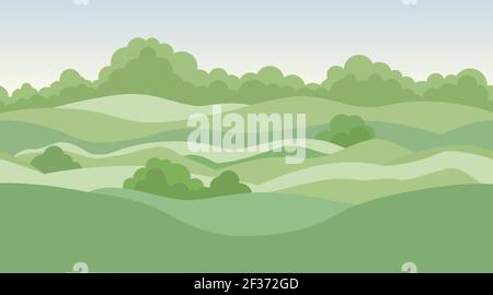 Ländliche Landschaft Hintergrund mit Wiesen und Feldern. Nahtloser Blick auf die Skyline des Sommernaturparks. Landschaftsbild mit Panoramablick am Horizont Stock Vektor