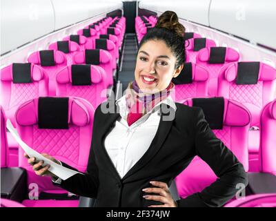 Ein wunderschöner Flugbegleiter in einer schwarzen Jacke und Maske vor einem Flugzeuggang. Motiv mit unscharfem Hintergrund, perfekte Aufnahme für kommerzielle Zwecke, Schwenken Stockfoto