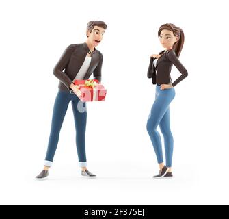 3D Cartoon Mann bietet Geschenk an Frau, Illustration isoliert auf weißem Hintergrund Stockfoto