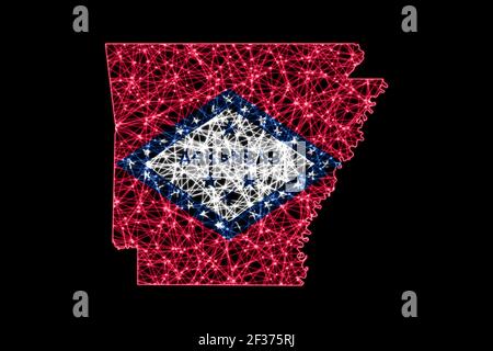 Karte von Arkansas, Polygonal-Netzlinienkarte, Flaggenkarte Stockfoto