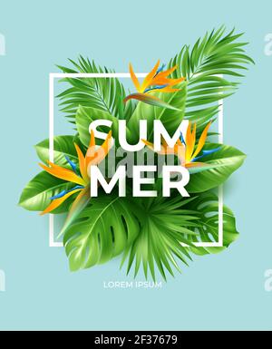 Sommer tropischer Hintergrund mit Strelitzia Blumen und tropischen Blättern. Die Inschrift Sommer auf einem Hintergrund von tropischen grünen Blättern. Vektor Stock Vektor