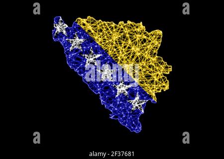 Karte von Bosnien und Herzegowina, Polygonale Netzlinienkarte, Flaggenkarte Stockfoto