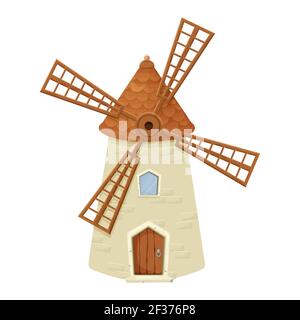 Windmühle Fee, Karikatur isoliert auf weißem Hintergrund. Retro, ländliches Gebäude, Turm mit Holzpropeller. Clipart, Designelement, ui gy-Asset. Vektor Stock Vektor