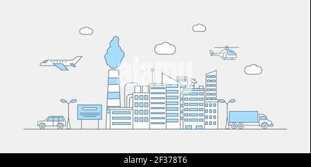 Moderne Stadt Landschaft Vektor flache Linie Illustration. Gebäude, Auto, LKW, Flugzeug, Hubschrauber Symbole für mobile Anwendung oder Website-Design. Urbane Landschaft mit Fabrikschornsteinen und Wolkenkratzern. Stock Vektor