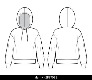 Hoody Sweatshirt technische Mode-Illustration mit langen Ärmeln, übergroßen Körper, Bund Saum, Tunnelzug. Flach Medium Bekleidungsvorlage vorne, hinten, weiß Farbe Stil. Frauen, Männer, Unisex CAD Mockup Stock Vektor