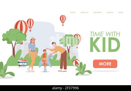 Zeit mit KID Vektor flache Landing Page Vorlage. Fröhliche Familie verbringen Sommerwochenende zusammen im Stadtpark. Mutter, Vater mit Sohn, der auf einem Spielzeugpferd reitet. Familienzeit, Outdoor-Aktivitätenkonzept. Stock Vektor