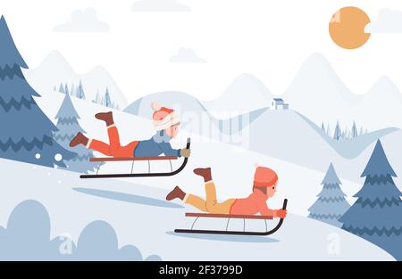 Kinder fahren auf Schlitten Vektor flache Illustration. Glückliche Kinder Rodeln auf Schlitten. Verschneite Landschaft, Winterwald. Junge und Mädchen, die Spaß haben, Rodeln bergab im Winter. Outdoor-Aktivitäten im Winter. Stock Vektor