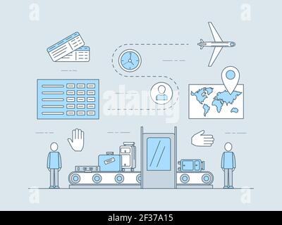 Registrierung, Check-in und Inspektion vor dem Flug am Flughafen Vektor-Flachlinie Illustration. Gepäck auf Gepäckband, Flughafenmitarbeiter, Flugzeug, Weltkarte. Reisen, Online-Buchungskonzept. Stock Vektor