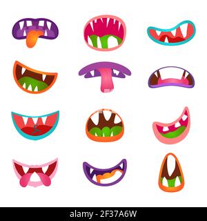 Niedliche Tier Gesichtsausdrücke und Emotionen. Lustige Cartoon Monster Comic Mund Set. Monster Mund Symbol und Cartoon Hügel mit Zähnen Stock Vektor