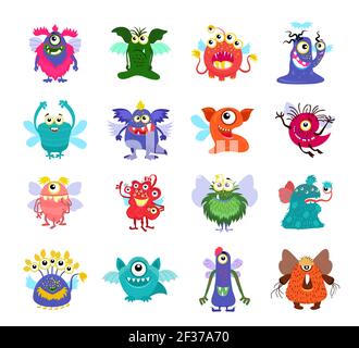 Fliegende Cartoon Monster Vektor-Set für Kinder Partei. Fliegende Monster mit Flügel, Illustration Monster Charakter Stock Vektor