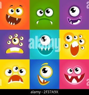 Monsterausdrücke. Lustige Cartoon Monster Gesichter Vektor. Emotion Monster flache Illustration Stock Vektor