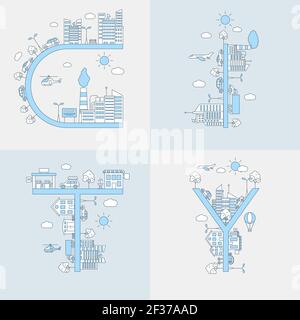 Stadt Wort Vektor flache Linie Illustration. Skizzieren Konzept, Stadtlandschaften mit Gebäuden, Autos, Flugzeuge, Lastwagen um Stadt Wort. Urbane Elemente für Website- oder mobile Anwendungsgestaltung. Stock Vektor