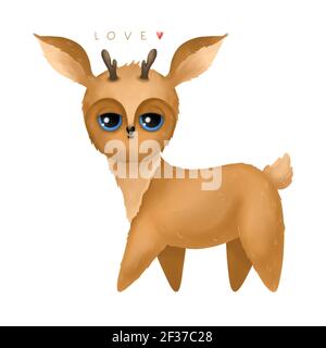 Niedlicher Hirsch mit großen Augen. Kinderillustration, Postkarte. Stockfoto
