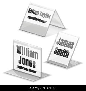 Acryl Visitenkarte Namensschild Halter auf weißem Hintergrund. Visitenkarte mit Namen im Konferenzhalter, Kunststoffhalter, Vektorgrafik Stock Vektor