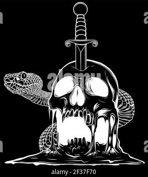 Schlange und Schädel Silhouette in schwarzem Hintergrund Vektor Illustration Stock Vektor