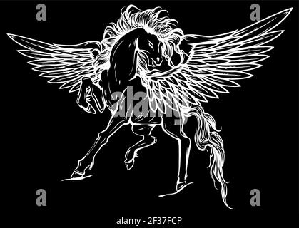 Weißer pegasus, mythologisches geflügeltes Pferd, Illustration Silhouette auf schwarzem Hintergrund Stock Vektor