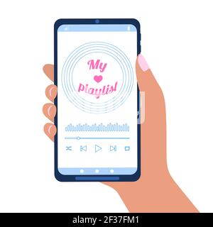 Hand halten Smartphone mit Musik-Player-Schnittstelle, Vinyl-Platte Bild und My Playlist Text. Mobile Audio-App. Hören Lieblings-Songs Konzept. Vektorgrafik flach. Stock Vektor