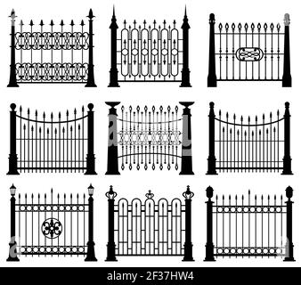 Schwarz und weiß Eisen Tore und Zäune Architektur Elemente Vektor-Set. Rahmenbarriere mit Stahlstababbildung Stock Vektor