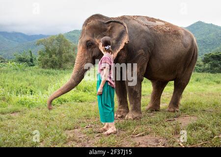 Nördlich von Chiang Mai, Thailand. Ein Mädchen streichelt einen Elefanten in einem Heiligtum für alte Elefanten. Stockfoto