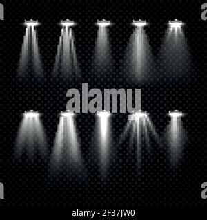 Weiße Lichtstrahler, Scheinwerfer isoliert auf dunklem transparenten Hintergrund. Scheinwerfer beleuchtet für Abbildung der Showbeleuchtung Stock Vektor