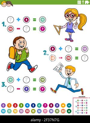 Cartoon Illustration der pädagogischen mathematischen Addition und Subtraktion Puzzle-Aufgabe Mit untergeordneten Zeichen Stock Vektor