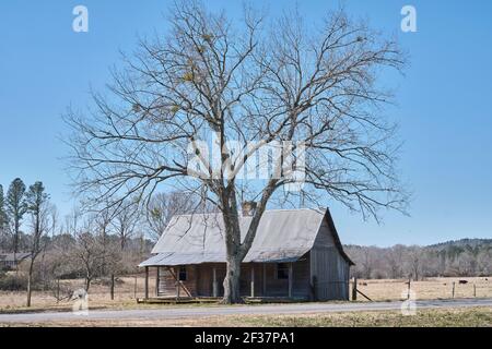 Alte verlassene Pioneer Holzhütte mit einer überdachten Veranda, im ländlichen Alabama, USA. Stockfoto